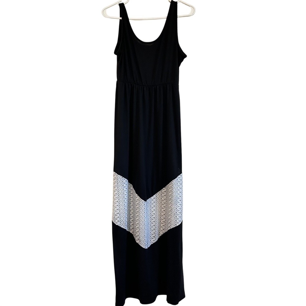 Vtg Black Maxi Dress Sz M Crochet Accent Lightweight High Waist Stretch